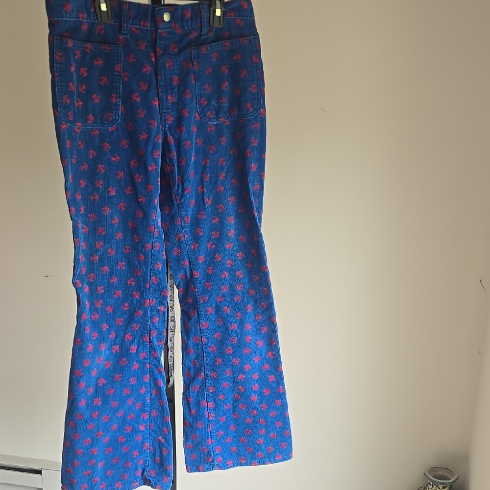 Vintage Blue Red Plane Corduroy Women's Flare Bell Bottom Jeans